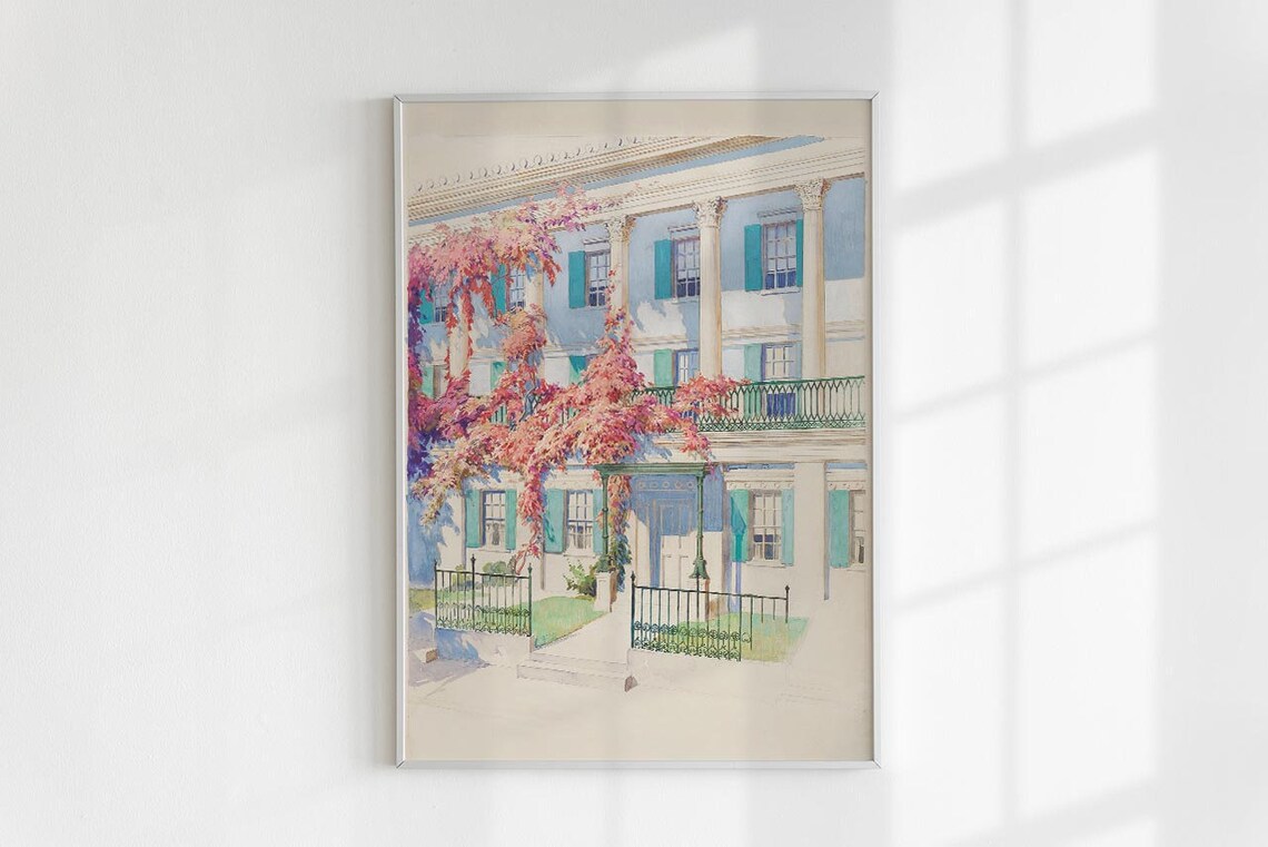 Colonial House Facade Watercolor Pink Bougainvillea Painting Poster