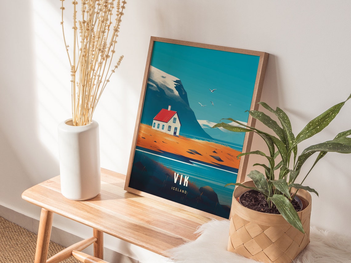 Vik Iceland Red Roof Cottage Snowy Mountain Coastal Travel Poster - Image 4