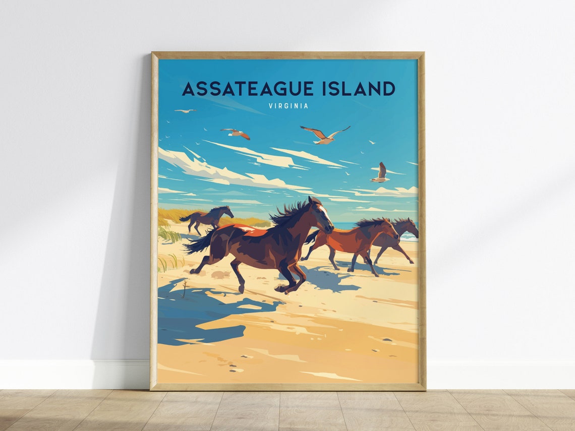 Assateague Island Virginia Wild Horses Beach Gallop Travel Poster