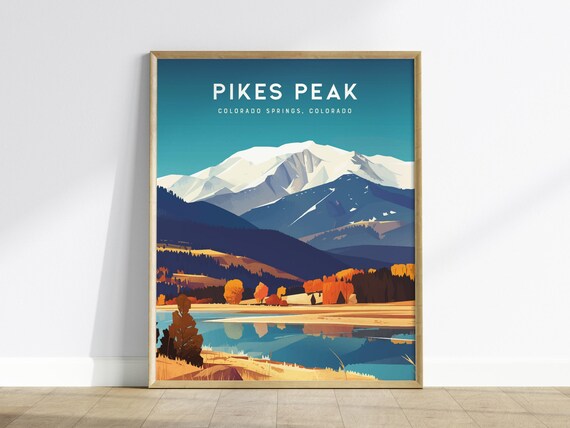 Pikes Peak Colorado Springs Mountain Lake Travel Poster Autumn Artwork