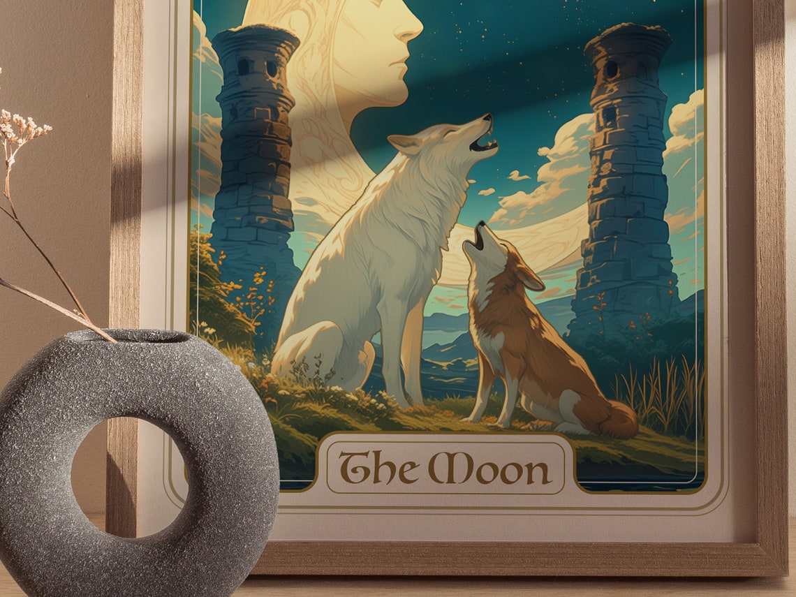 The Moon Tarot Card XVIII Howling Wolves Mystical Art Poster - Image 3