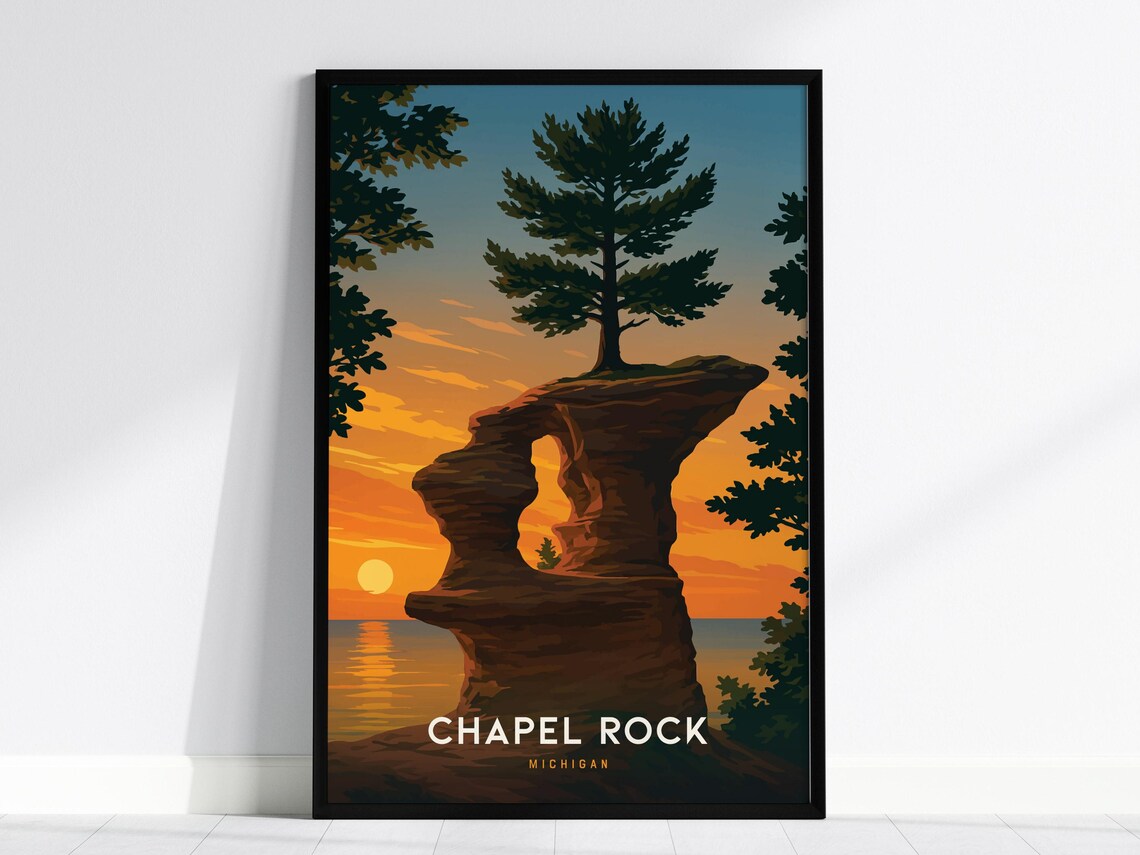 Chapel Rock Michigan Pictured Rocks Sunset Silhouette Travel Poster