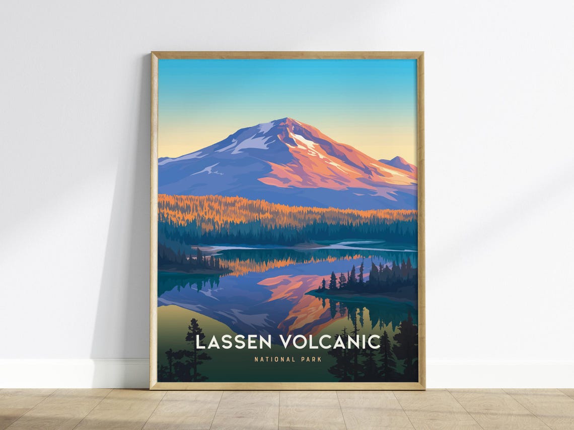 Lassen Volcanic National Park Sunset Lake Reflection Travel Poster