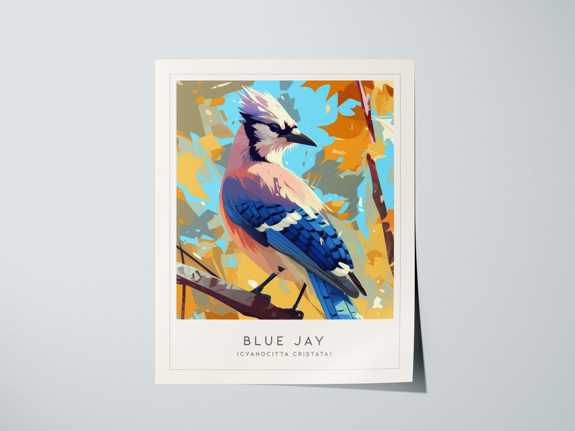 Blue Jay Songbird Autumn Leaves Modern Illustration Art Poster