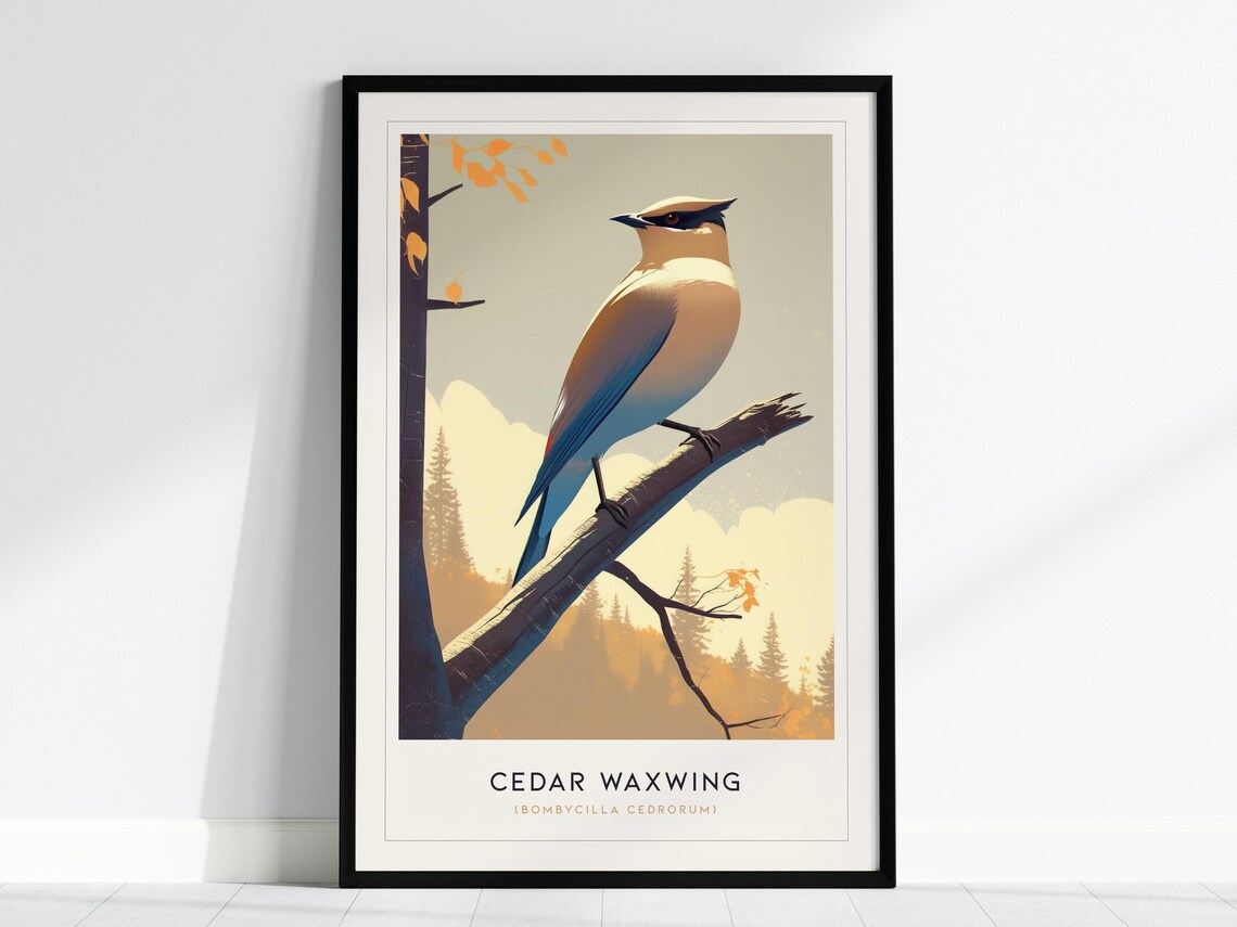 Cedar Waxwing Art Print, Elegant Bird Illustration