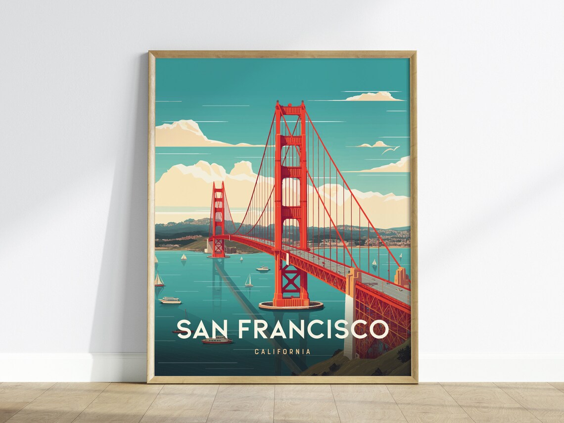 San Francisco Golden Gate Bridge Sailboats Bay Vintage Travel Poster