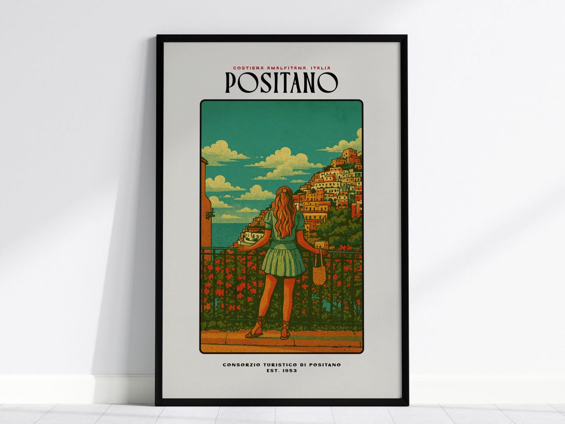 Positano Italy Vintage 1953 Cliffside Village Overlook Travel Poster