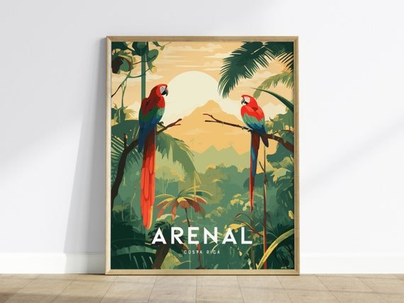 Arenal Volcano Poster Costa Rica Jungle Scarlet Macaws Travel Print