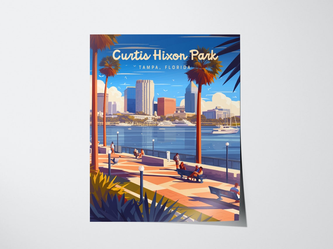 Curtis Hixon Park Tampa Florida Riverfront Skyline Vintage Poster - Image 4