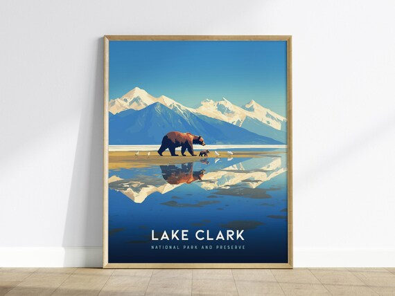 Lake Clark National Park Alaska Brown Bears Mirror Lake Travel Poster