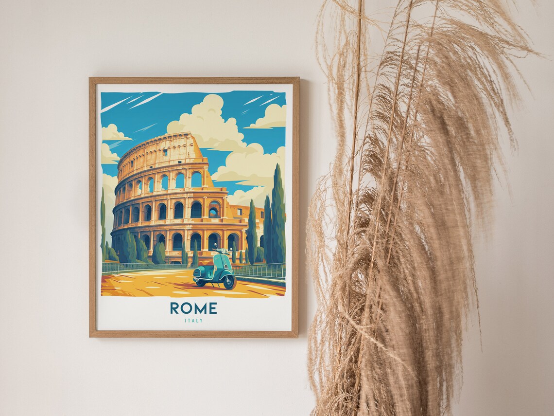 Rome Italy Colosseum Retro Travel Poster with Classic Vespa Art - Image 4
