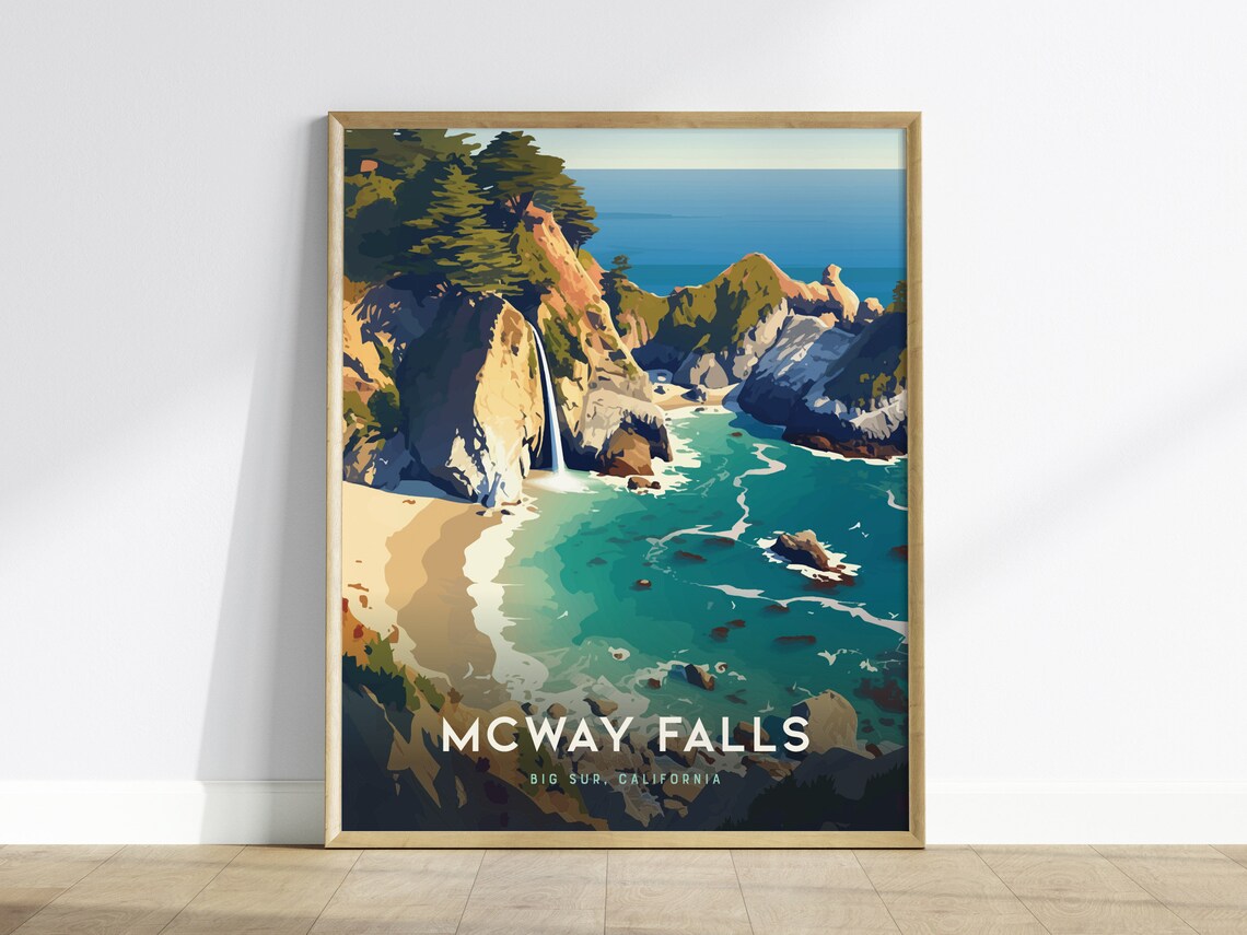 McWay Falls Big Sur California Waterfall Beach Travel Poster Artwork