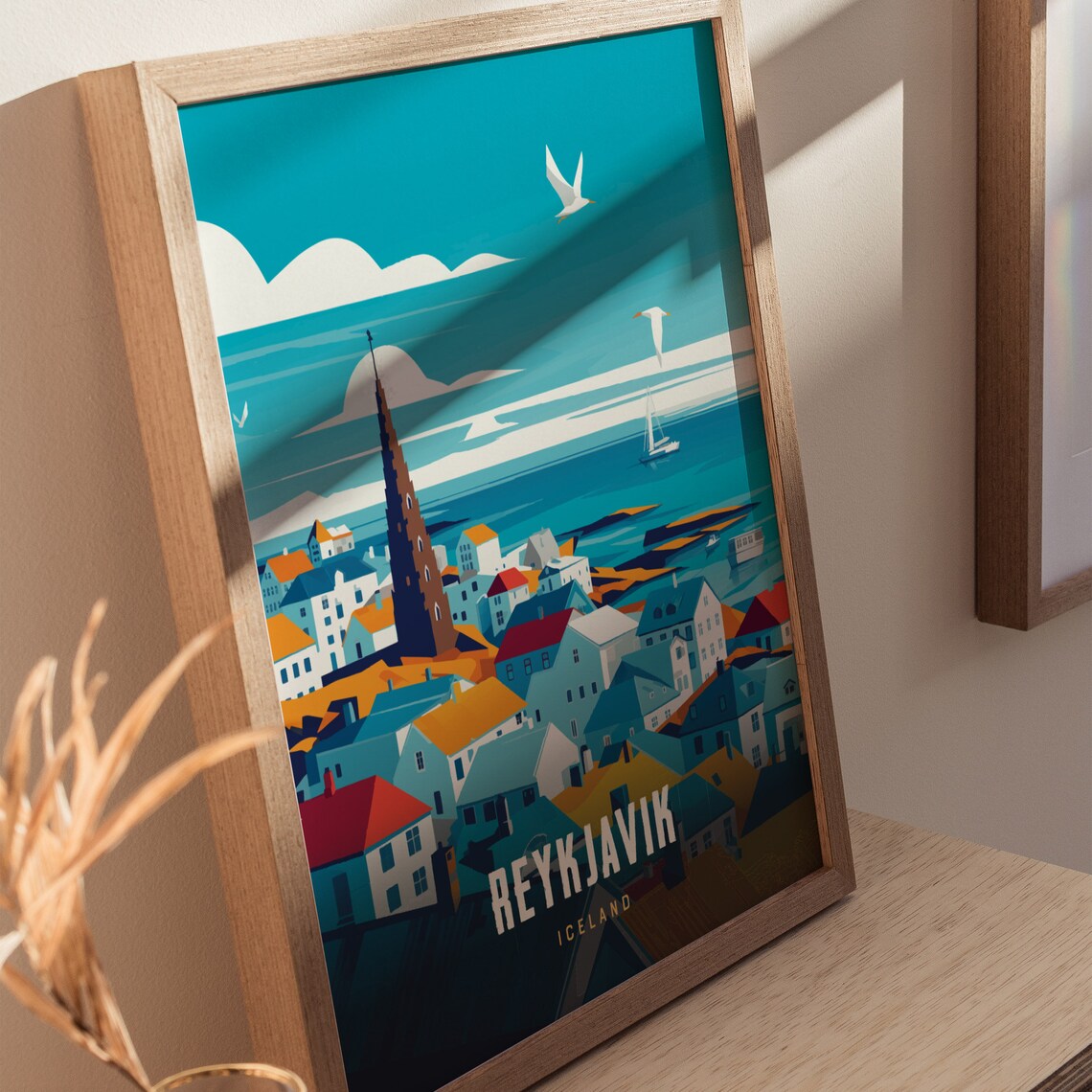 Reykjavik Iceland Harbor Town Church Spire Vintage Travel Poster - Image 2