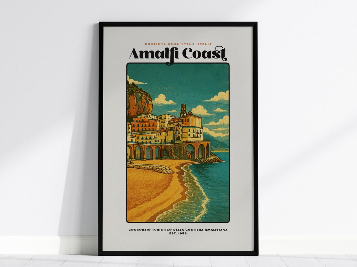 Amalfi Coast Italy Vintage 1953 Retro Italian Seaside Travel Poster