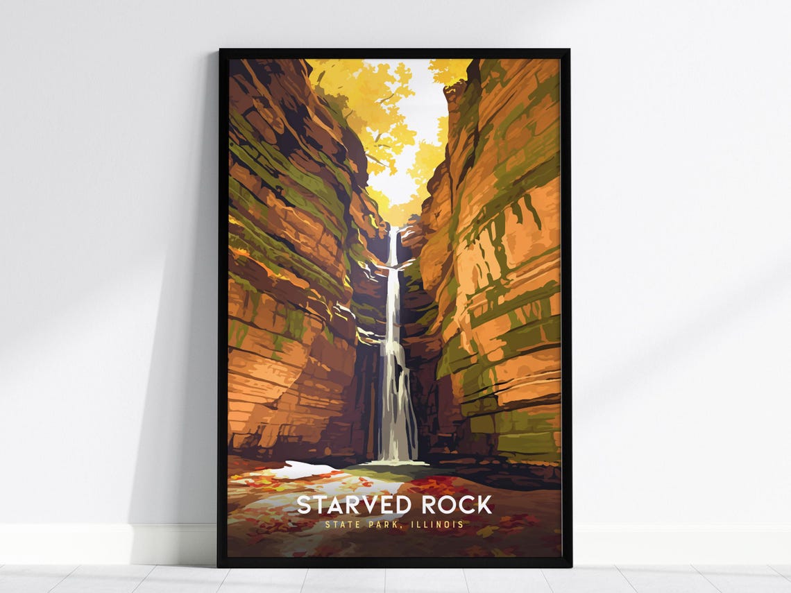Starved Rock State Park Illinois Waterfall Canyon Travel Poster