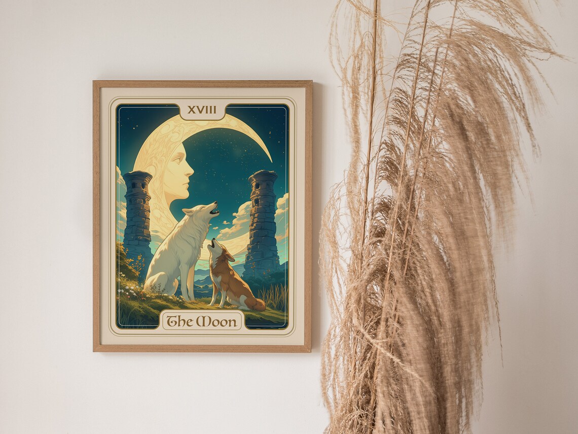 The Moon Tarot Card XVIII Howling Wolves Mystical Art Poster - Image 2