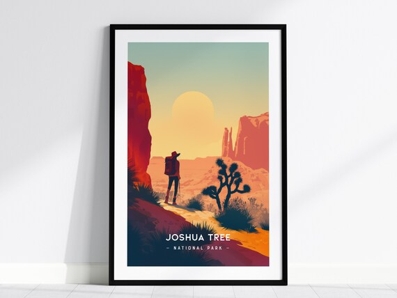 Joshua Tree National Park Travel Poster Desert Sunset Hiker Silhouette Decor