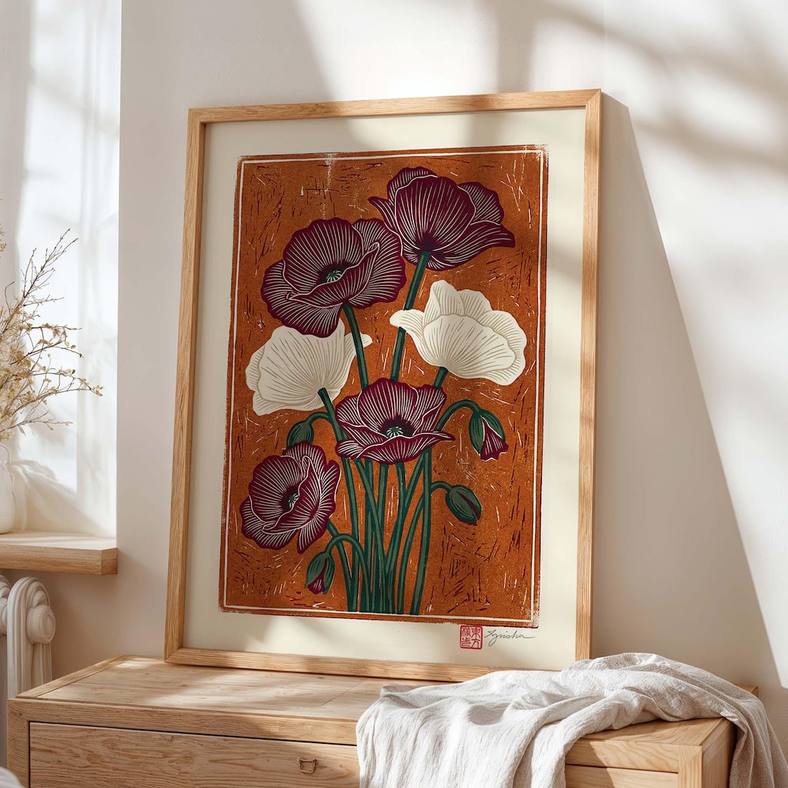 Vintage Poppy Flower Poster Print, Japanese Woodblock