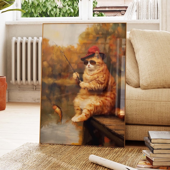 Orange Tabby Cat Fishing In A Red Hat And Cool Sunglasses Poster