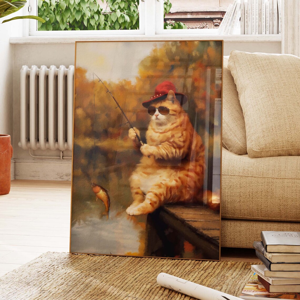 Orange Tabby Cat Fishing In A Red Hat And Cool Sunglasses Poster