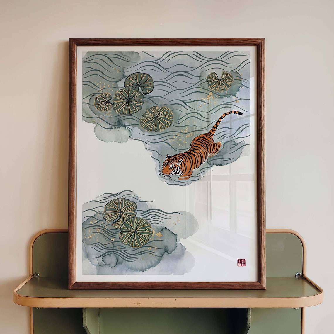 Japanese Tiger Ukiyoe Style, Lotus Pond Art Print