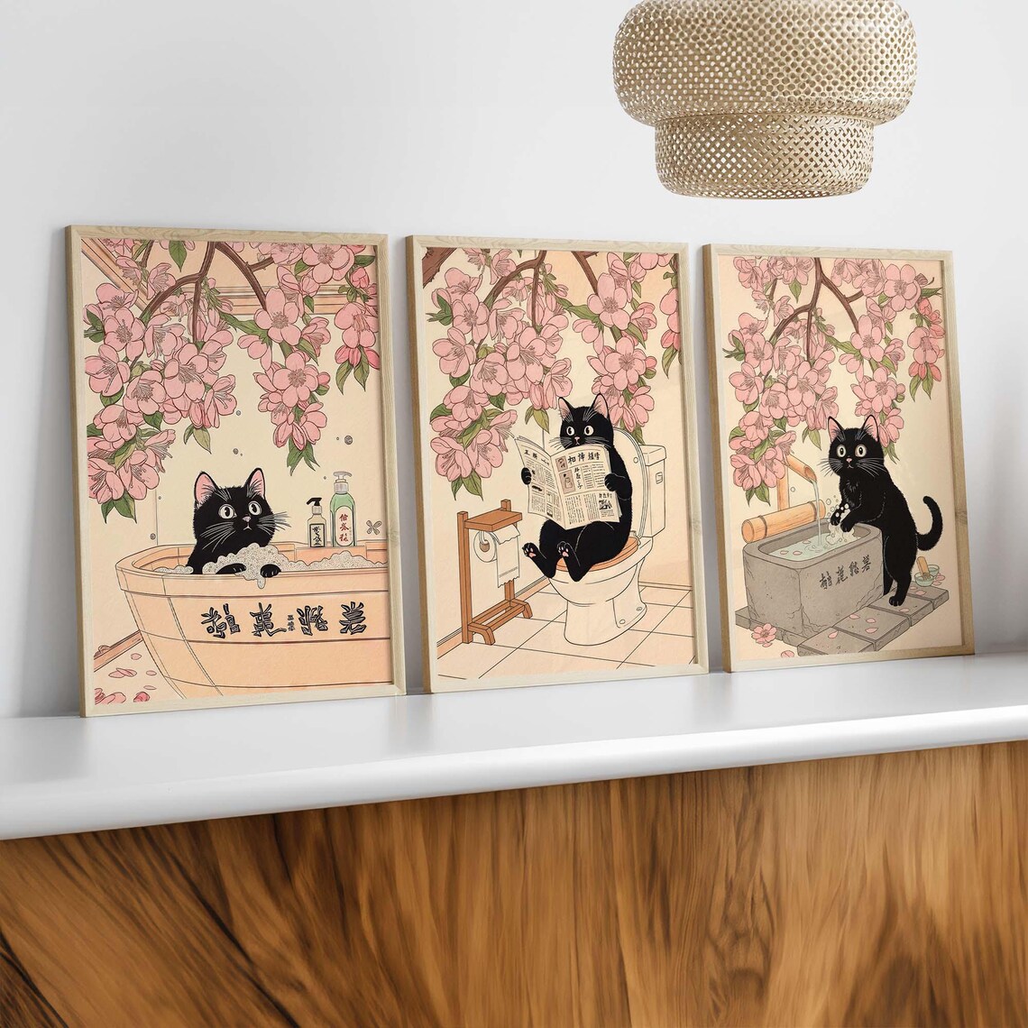 Funny Japanese Cat Bathroom Art Set, Nursery Decor