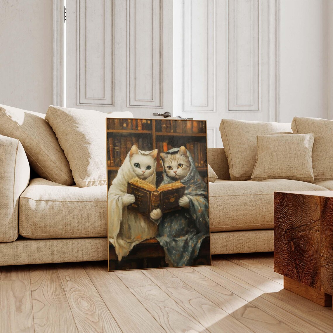 Two Cozy Cats Reading A Book Together In Blankets In Old Library Poster - Image 3