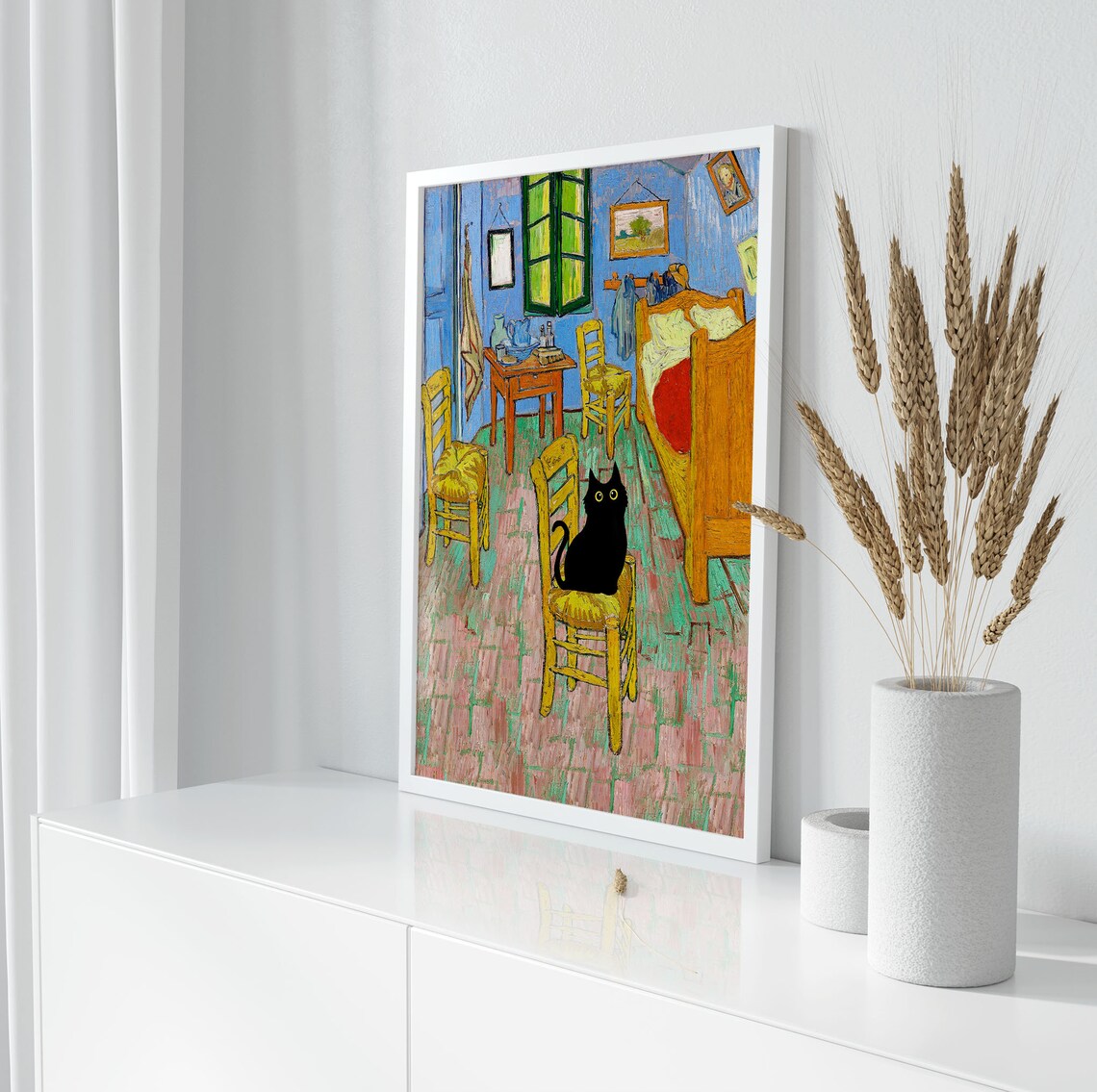 Van Gogh Bedroom Black Cat Sitting On Chair Funny Animal Poster - Image 2