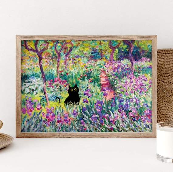 Black Cat Among Purple Irises In Monet Style Flower Garden Poster