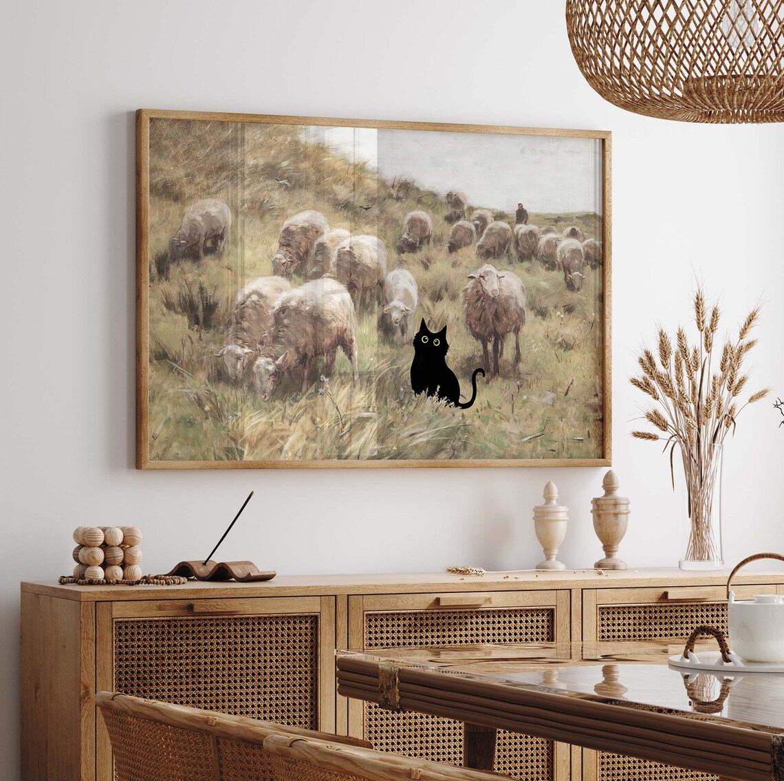 Black Cat Standing Among Sheep In Pastoral Countryside Painting Poster - Image 3
