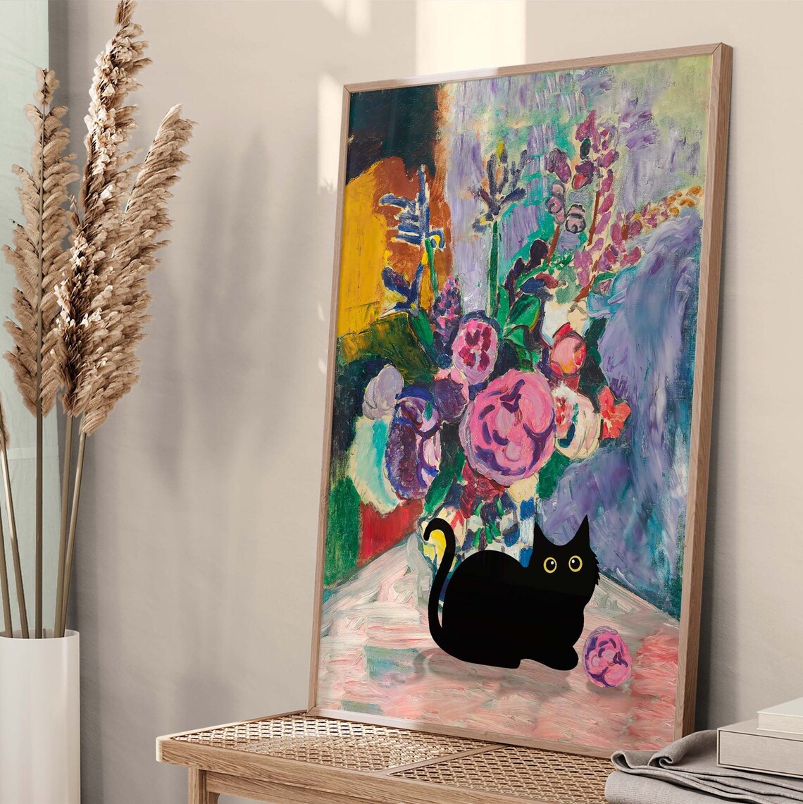 Black Cat With A Flower Bouquet In Matisse Style Color Poster - Image 2
