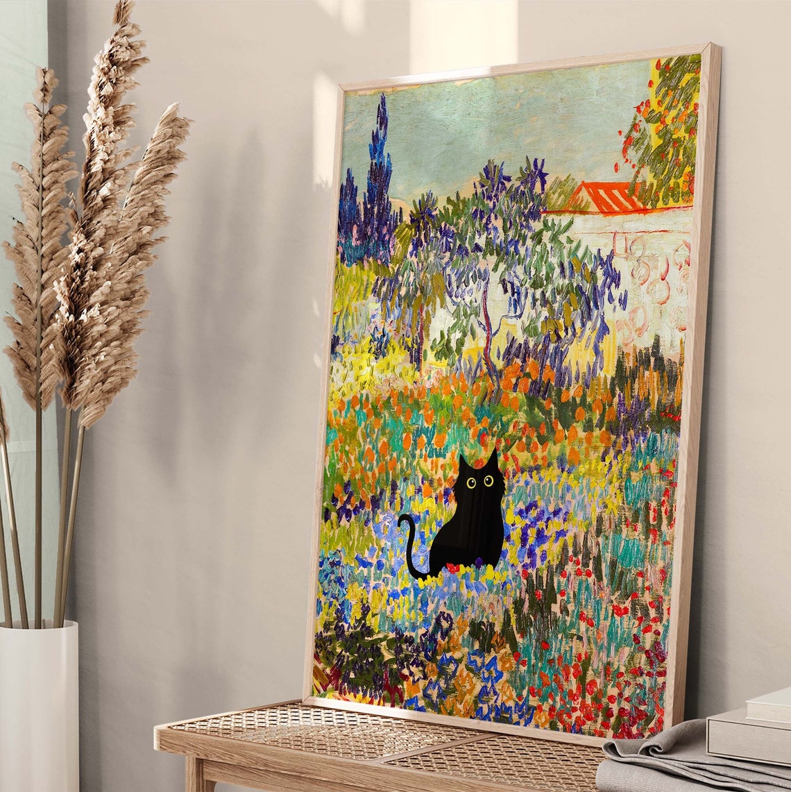 Black Cat in Van Gogh Style Garden With Cypress Trees Poster - Image 4