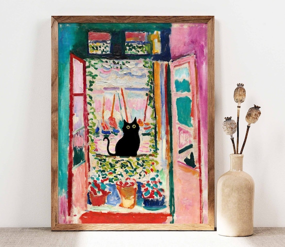 Black Cat in Matisse Style Open Window With Flowers Art Poster