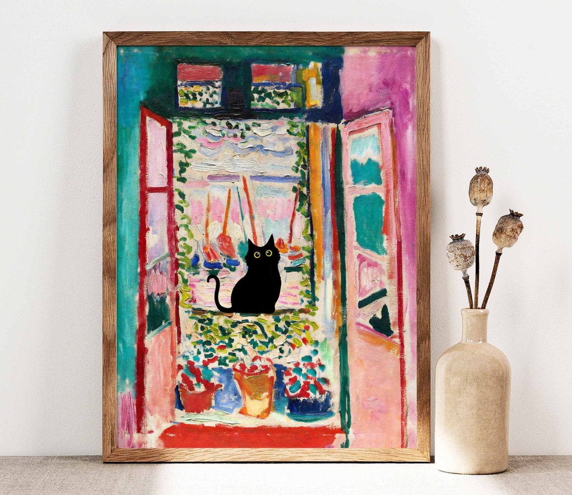 Black Cat in Matisse Style Open Window With Flowers Art Poster