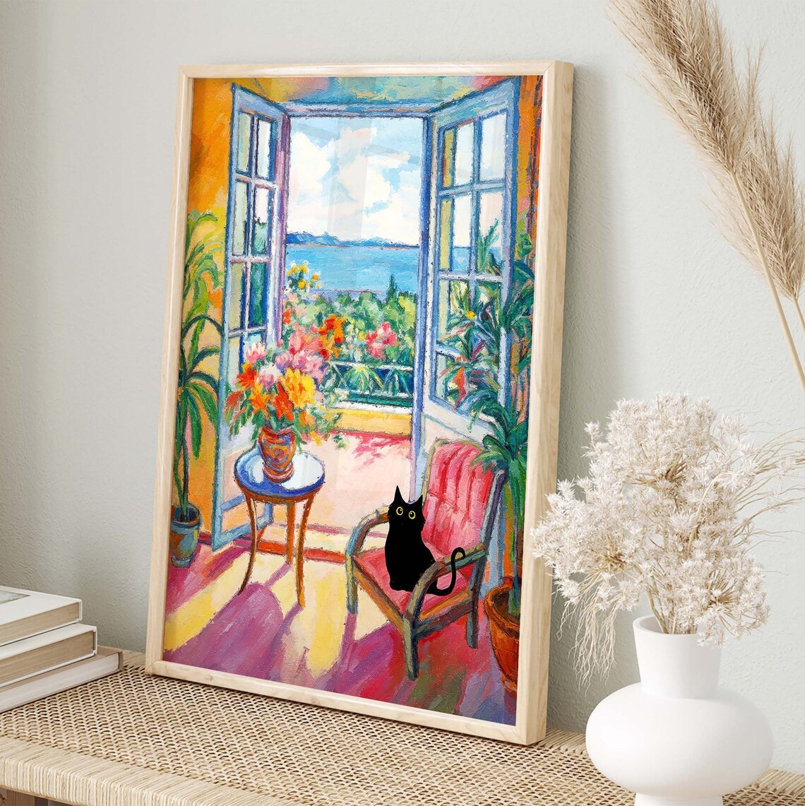 Black Cat on Chair by Open Window Overlooking the Sea Poster - Image 2