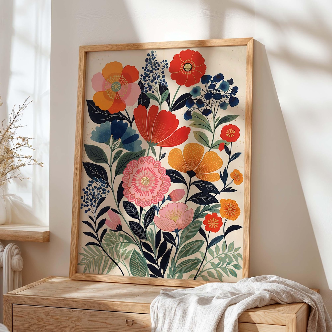 Colorful Folk Floral Bouquet Red Orange Blooms Botanical Garden Art Poster