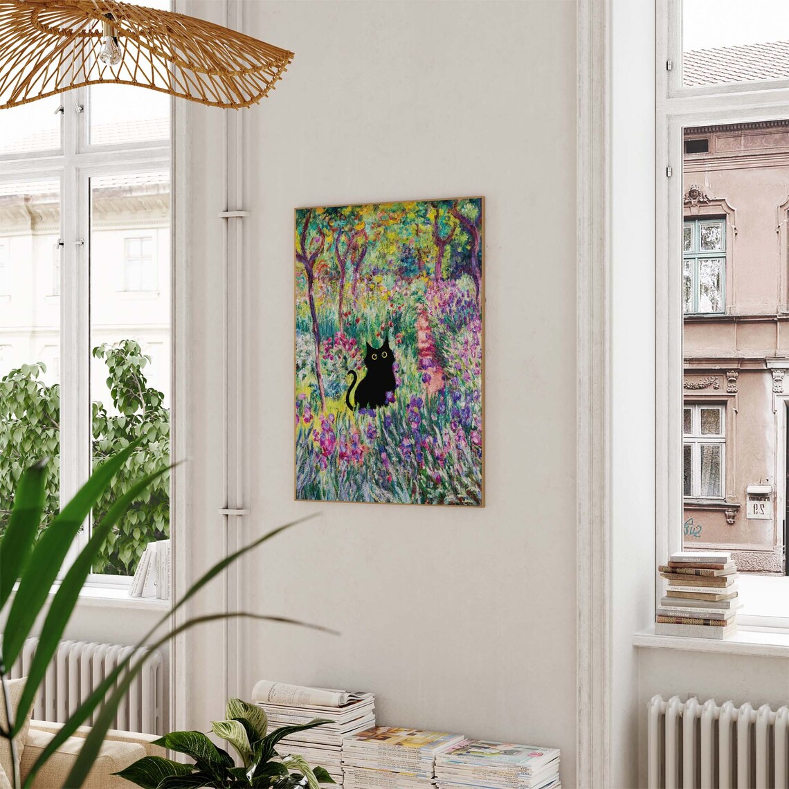 Black Cat In Monet Inspired Iris Garden Purple Bloom Field Art Poster - Image 2
