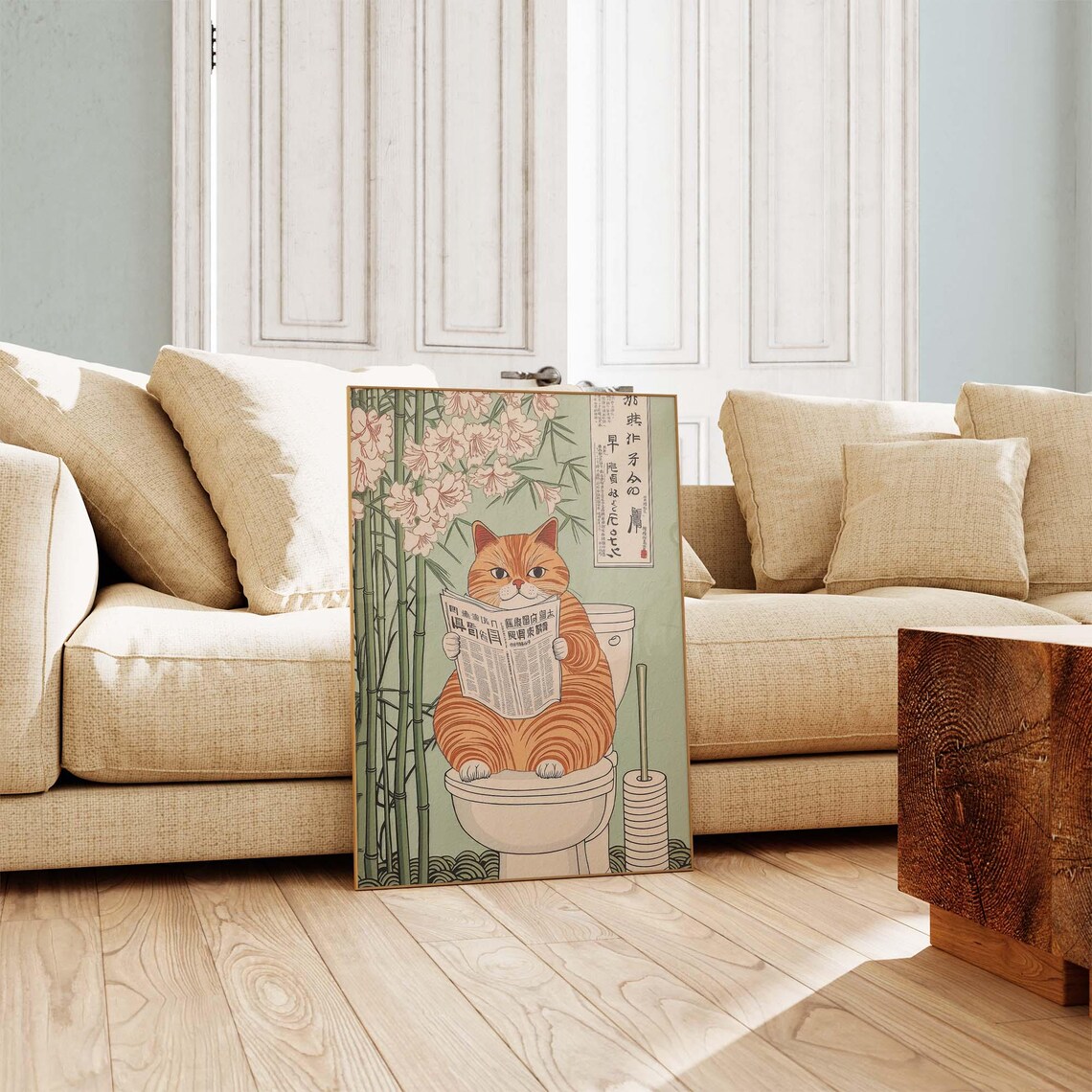 Ginger Tabby Cat On Toilet Reading Paper With Bamboo Japan Poster - Image 3
