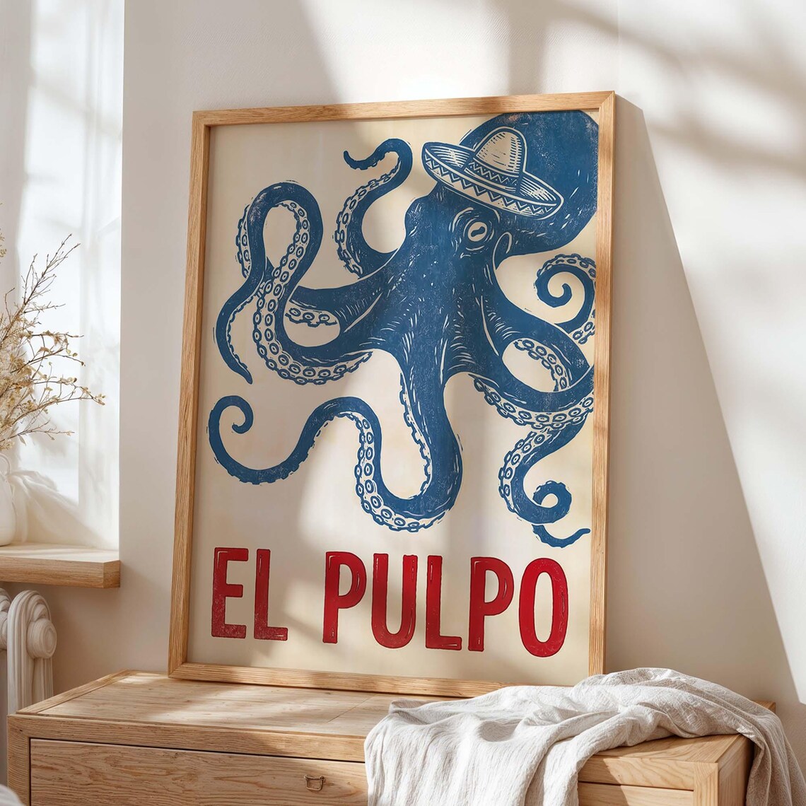 Octopus Wall Art Print, Vintage Mexican Coastal Decor