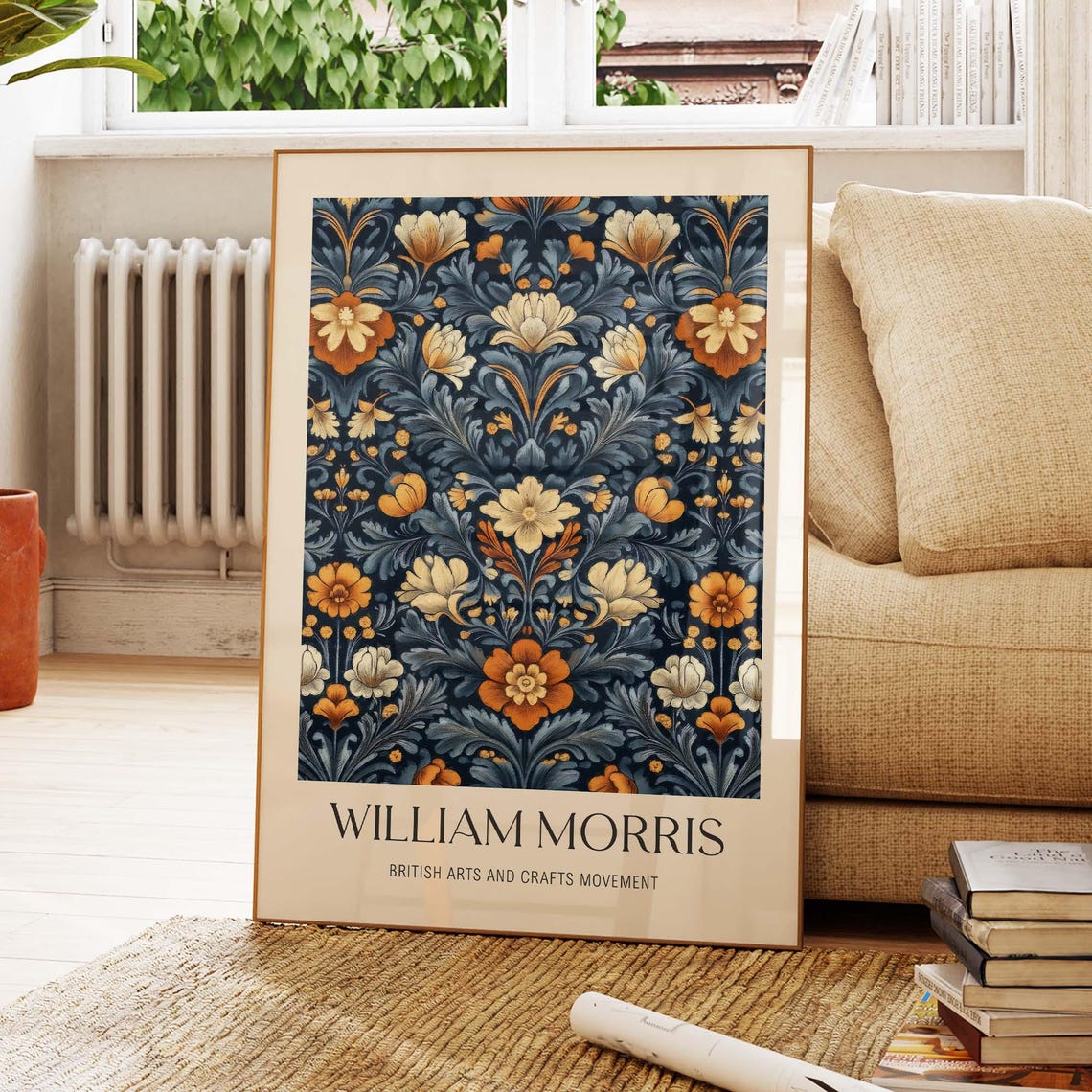 William Morris Style Navy And Orange Floral Pattern Vintage Art Poster