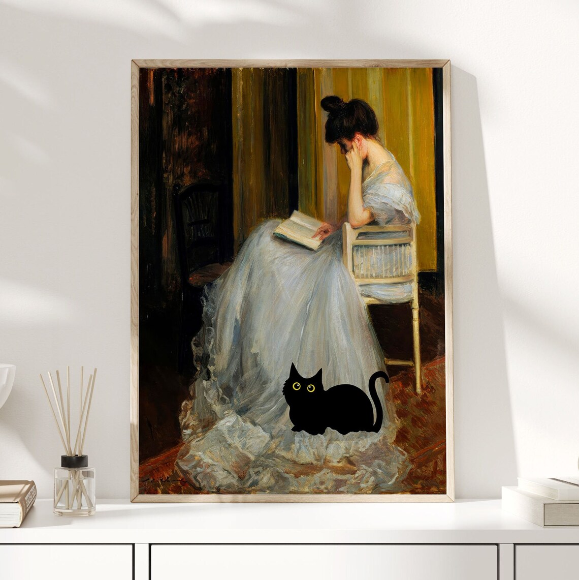 Black Cat With Reading Woman Altered Classic Oil Painting Poster - Image 3