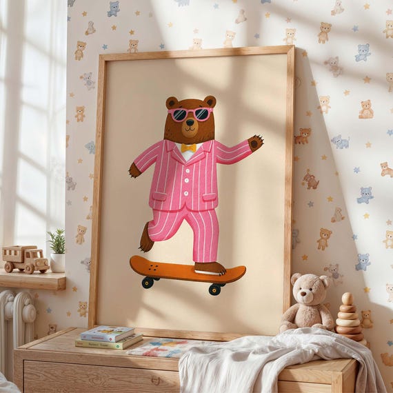 Skateboard Bear Nursery Wall Art Print Cool Animal Poster Pink Kids Room Decor Whimsical Playroom