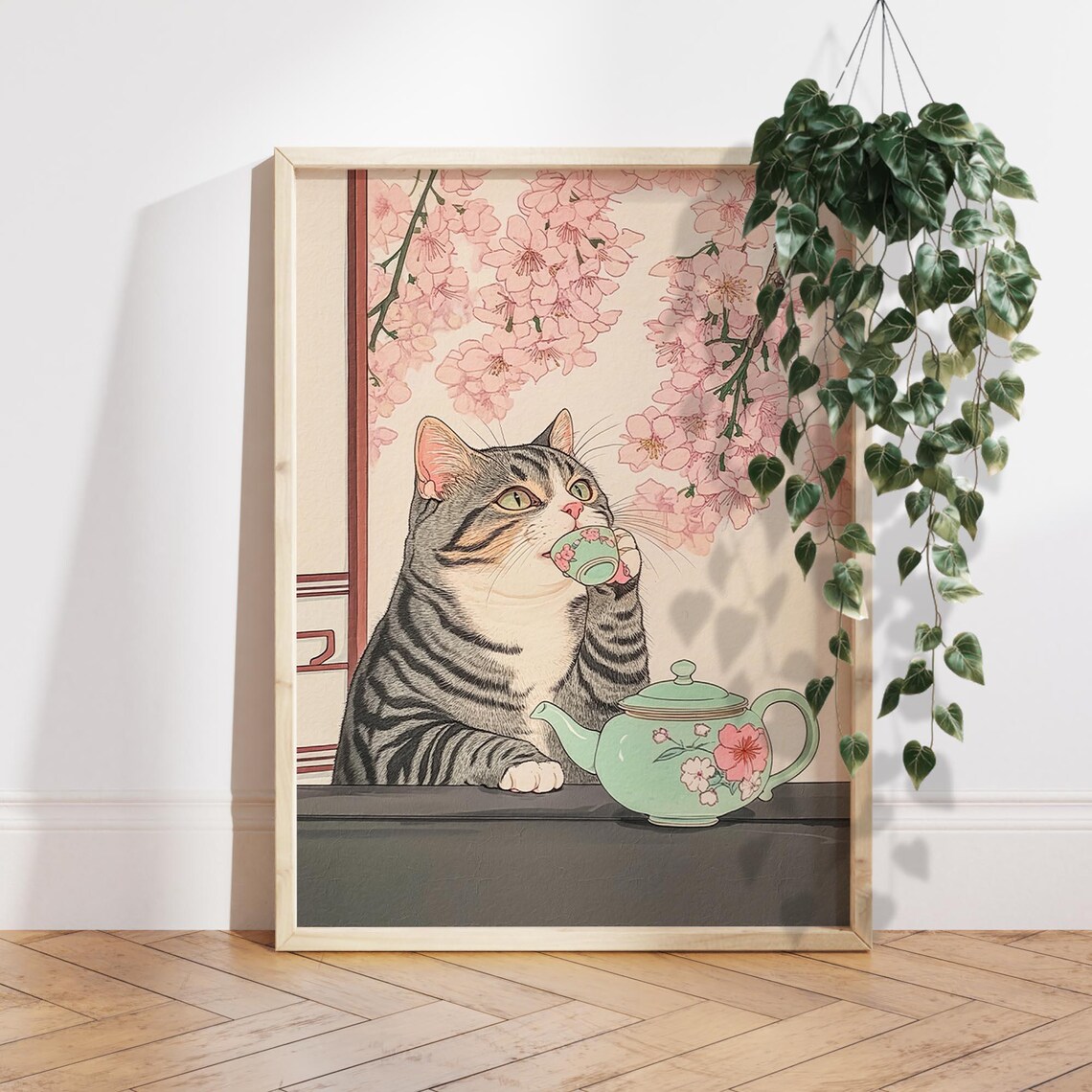 Tabby Cat Drinking Tea Japan Minimalist Art Print