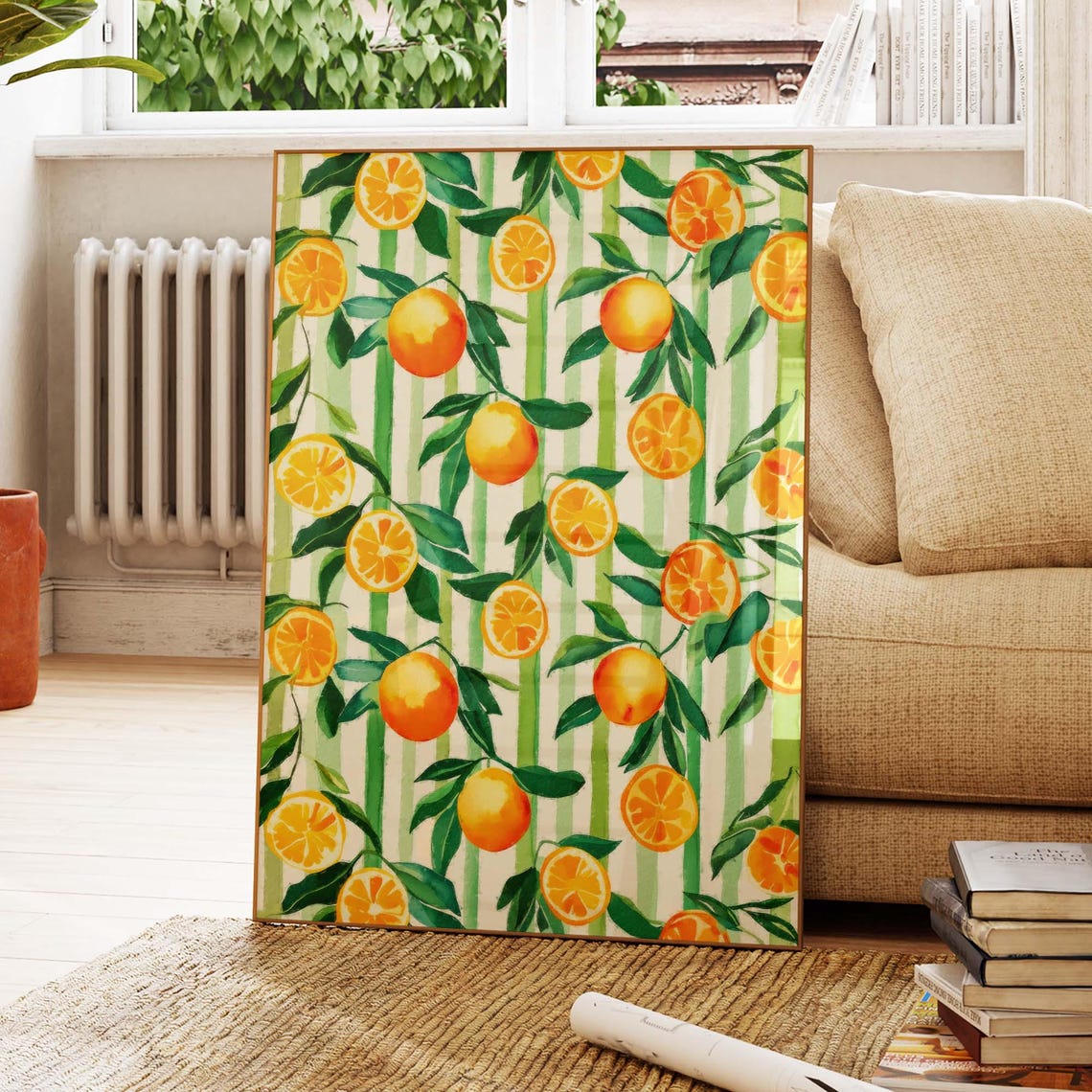 Ripe Oranges And Green Leaves Watercolor Citrus Pattern Poster