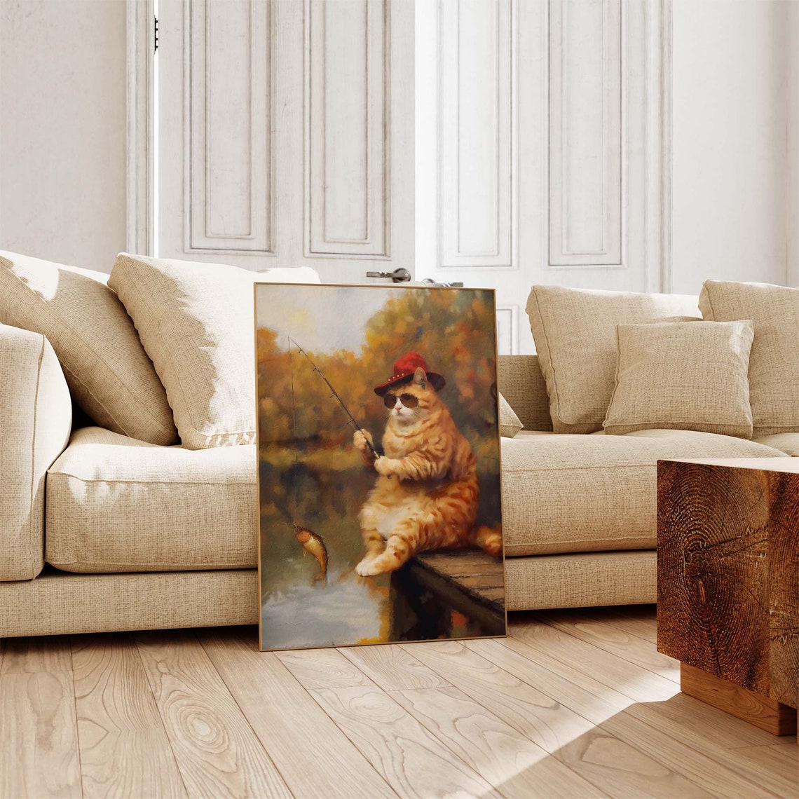 Orange Tabby Cat Fishing In A Red Hat And Cool Sunglasses Poster - Image 4
