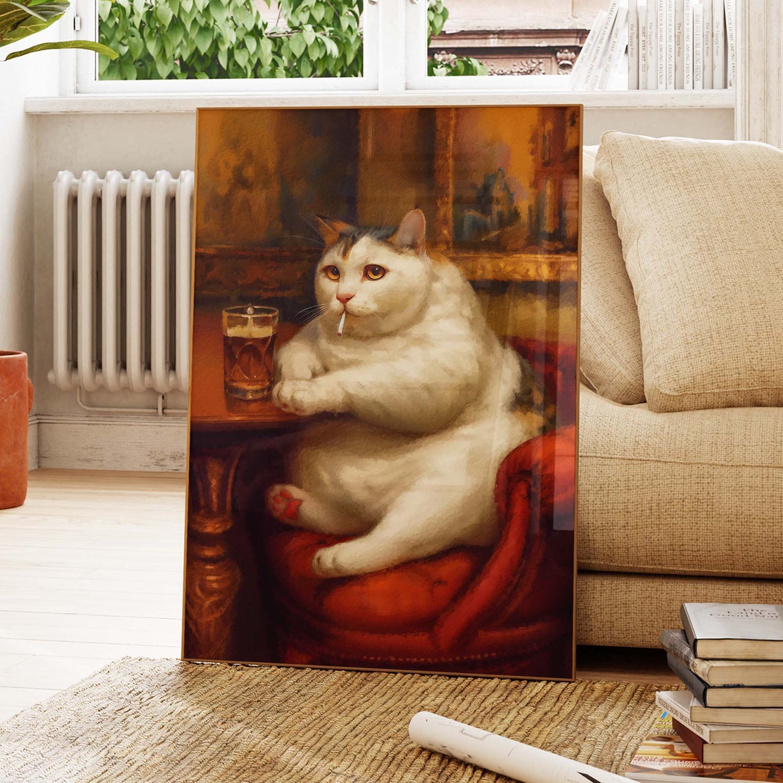 Fat White Cat Smoking a Cigarette With Beer Vintage Bar Poster