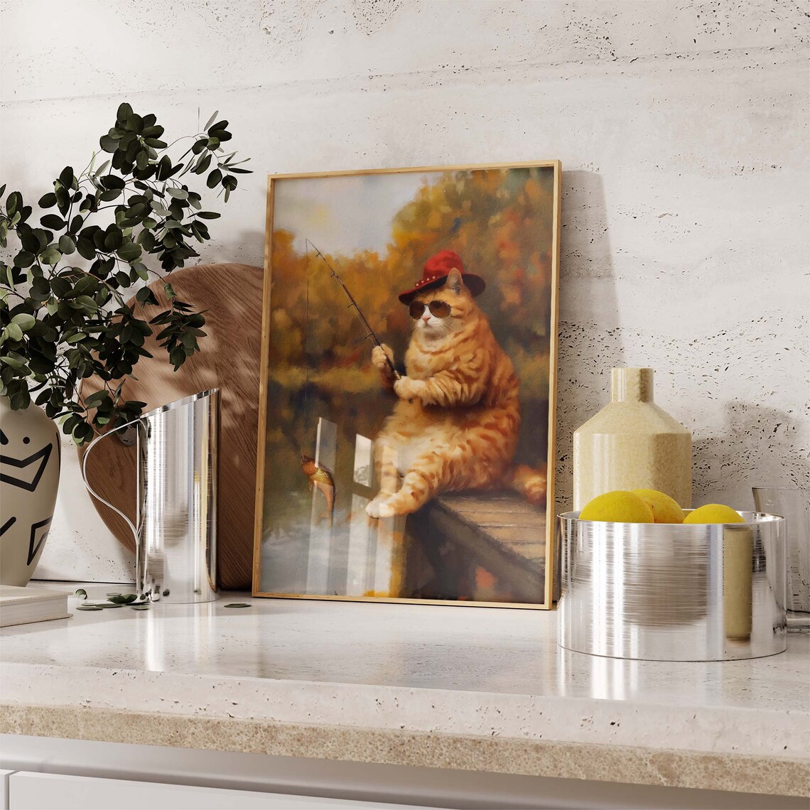 Orange Tabby Cat Fishing In A Red Hat And Cool Sunglasses Poster - Image 2