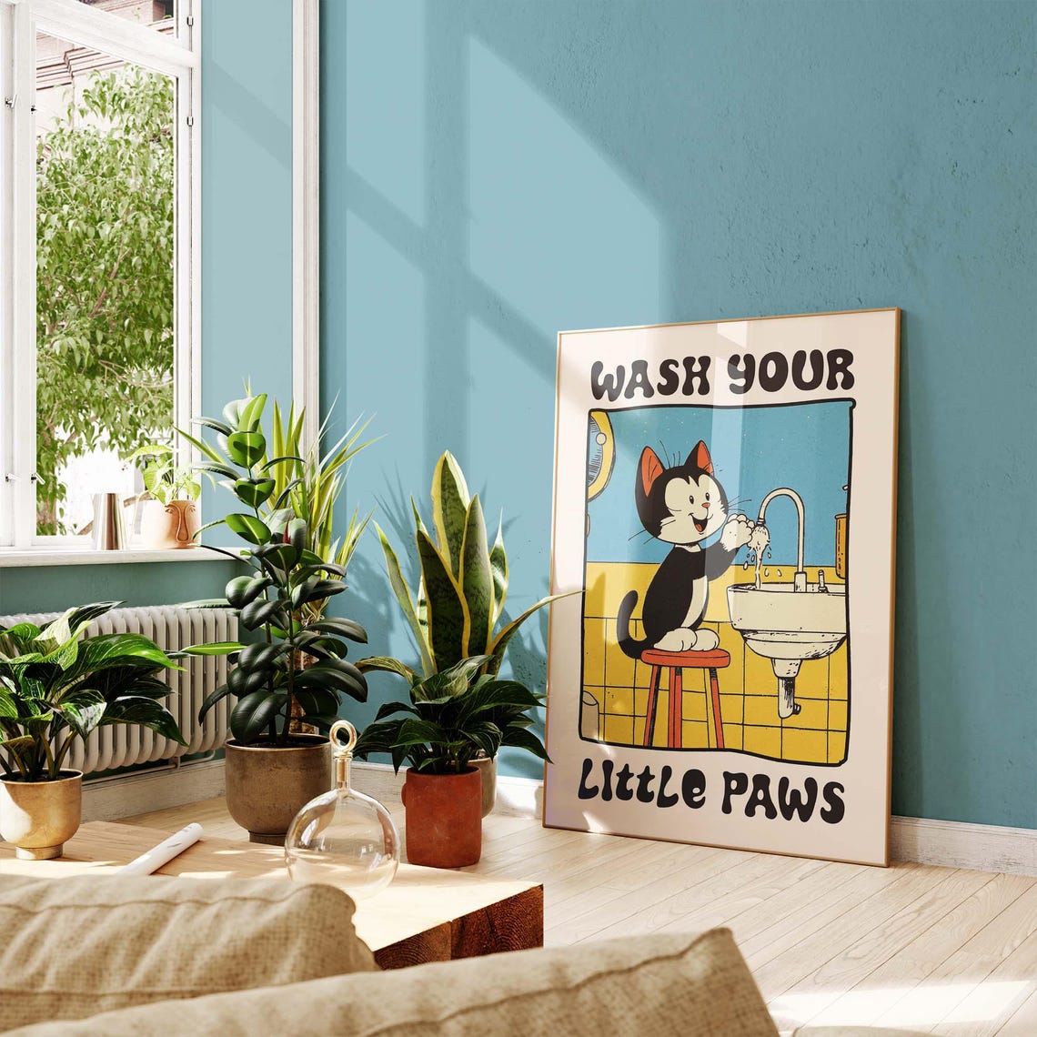 Wash Your Little Paws Cute Cat At The Sink Retro Bathroom Poster - Image 2