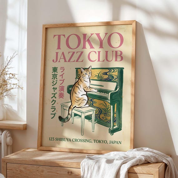 Tokyo Jazz Club Wall Art Print Cat Piano Poster Japanese Vintage Music Decor Retro Shibuya Illustration