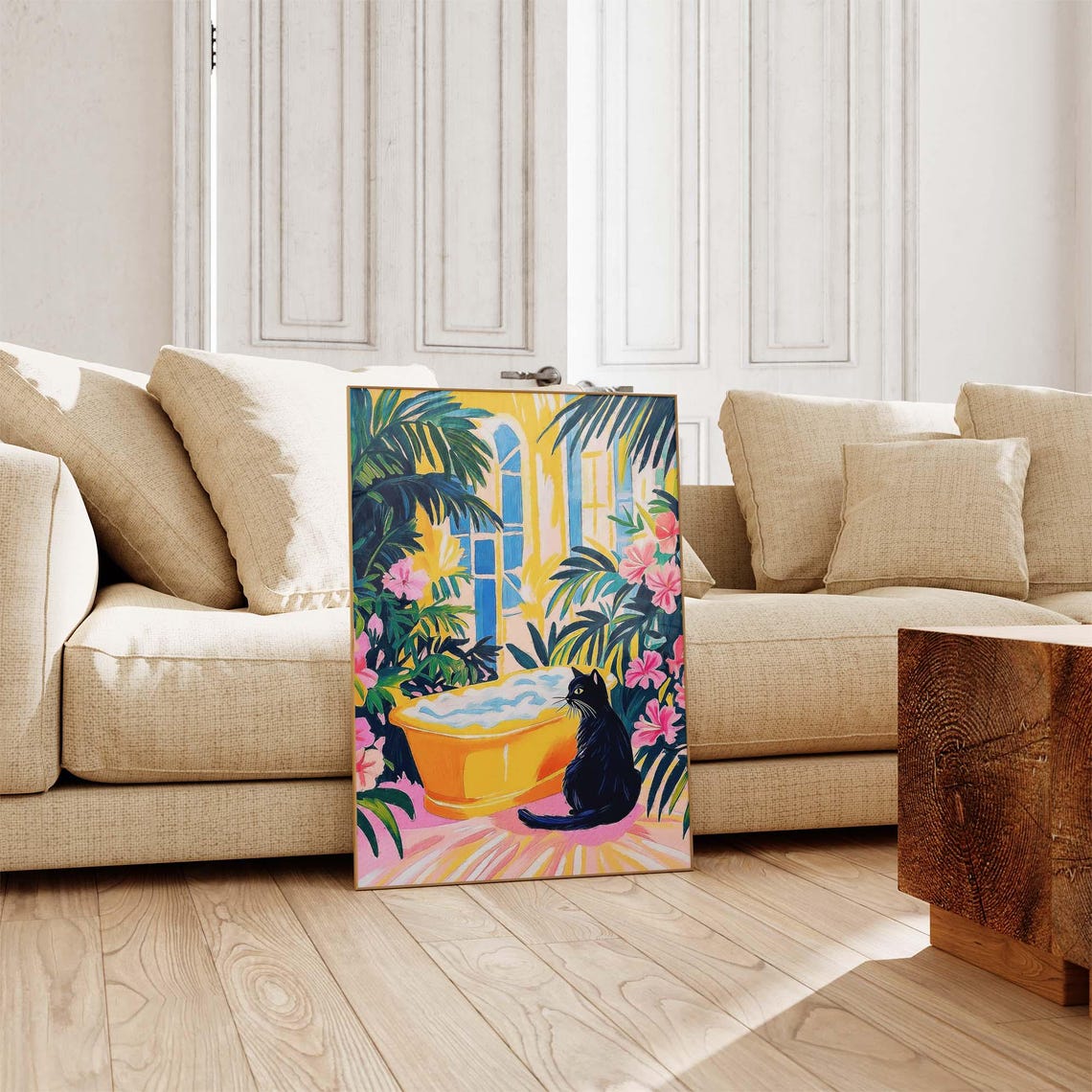 Black Cat Beside Yellow Bathtub Tropical Bathroom Art Poster - Image 3